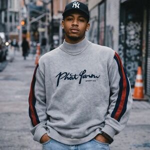Phat Farm Mens‎ Gray Mock Neck Sweater Striped Sleeves Sz XXL Streetwear Y2K VTG